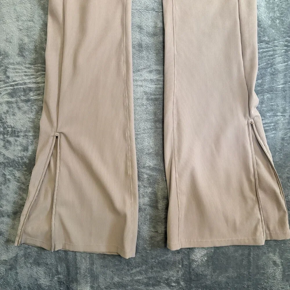 Lululemon Brushed Softstreme Ribbed Zip Hem Flared Pants Taupe Beige 6